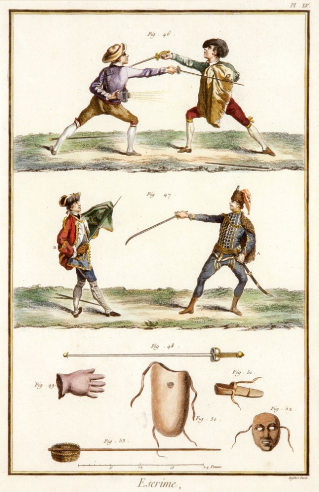 Angelo's plates from L'Ecole des Armes included in "Escrime," Encyclopédie ou Dictionnaire raisonné des sciences, des arts et des métiers, vol. 4 (plates) (Paris, 1765).